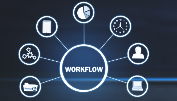 The word workflow surrounded by 7 business images in a spoke format, on a dark blue background. 