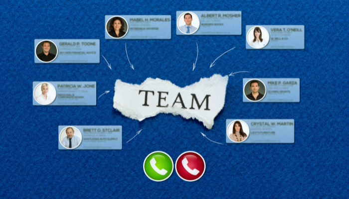 The word TEAM surrounded by staff contact cards with images, and phone icons.