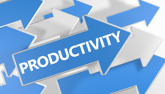 Blue and grey arrows pointing to the right with the word Productivity on the center one.