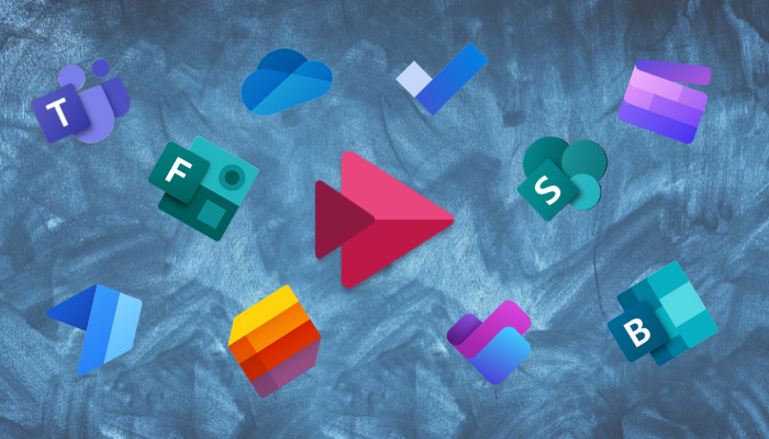 Various Microsoft 365 icons floating on a blue background with the Microsoft Stream icon in the center.